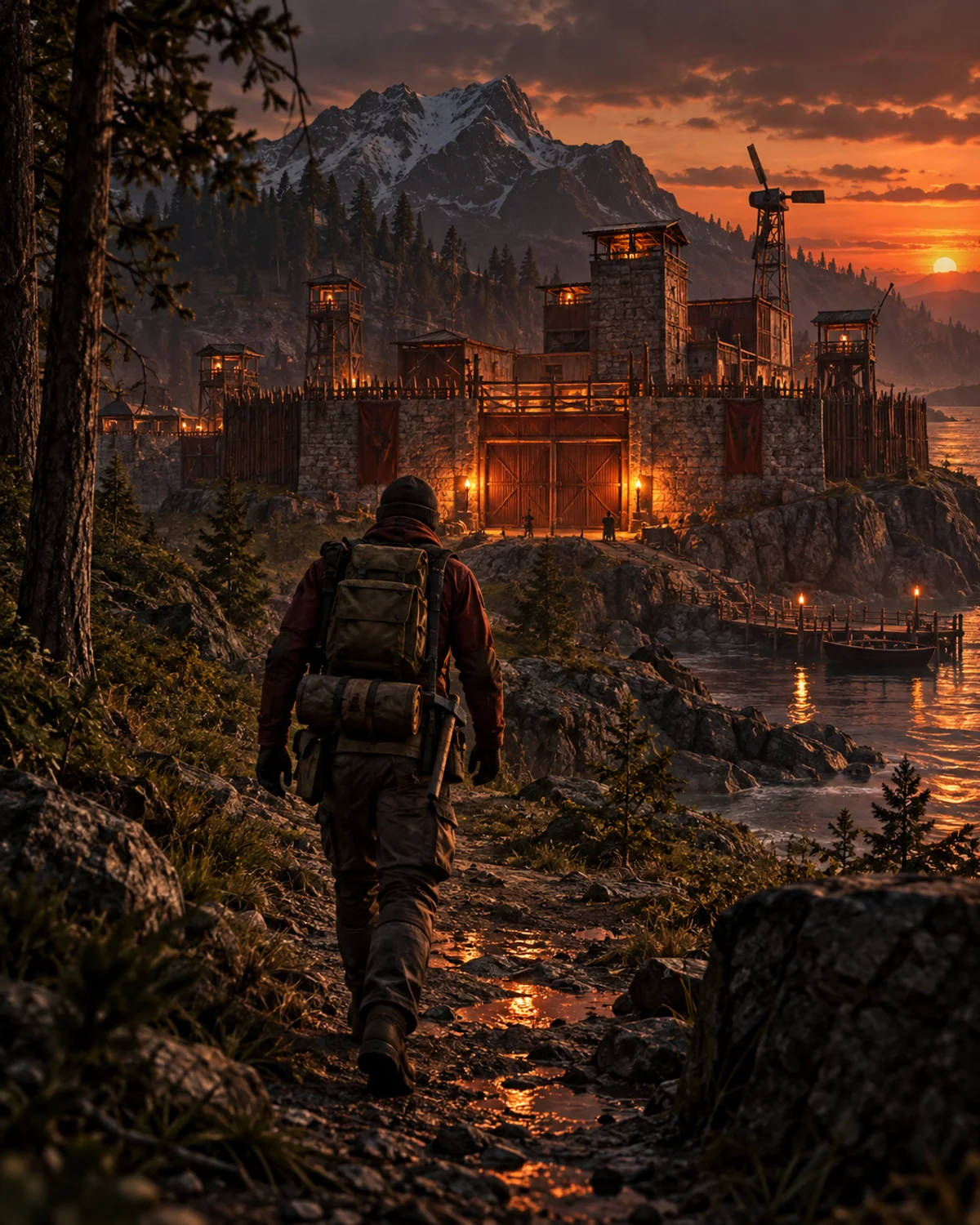 A solo survivor approaching the illuminated RustyKing compound